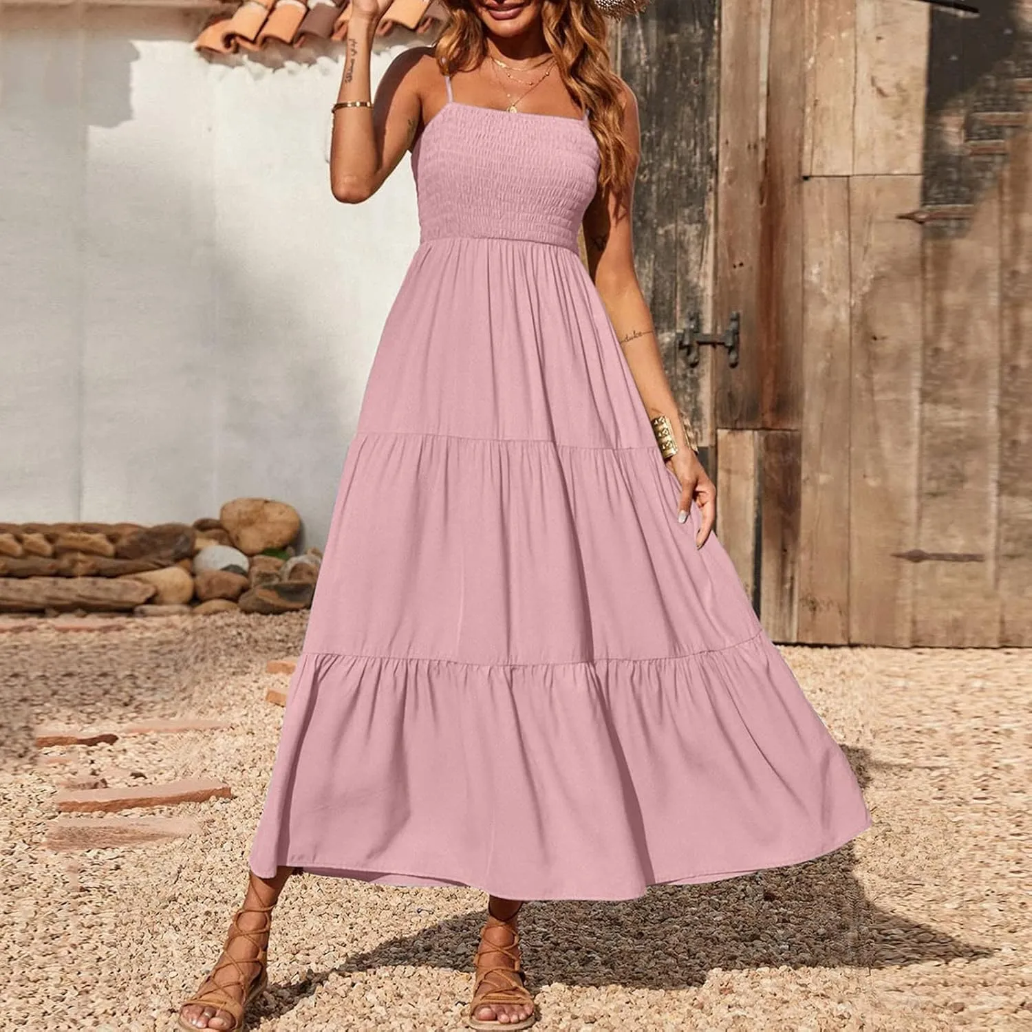 Women Summer Spaghetti Strap Maxi Dress Smocked Ruffle Swing Sundress Flowy Boho Beach Dresses Vacation Midi