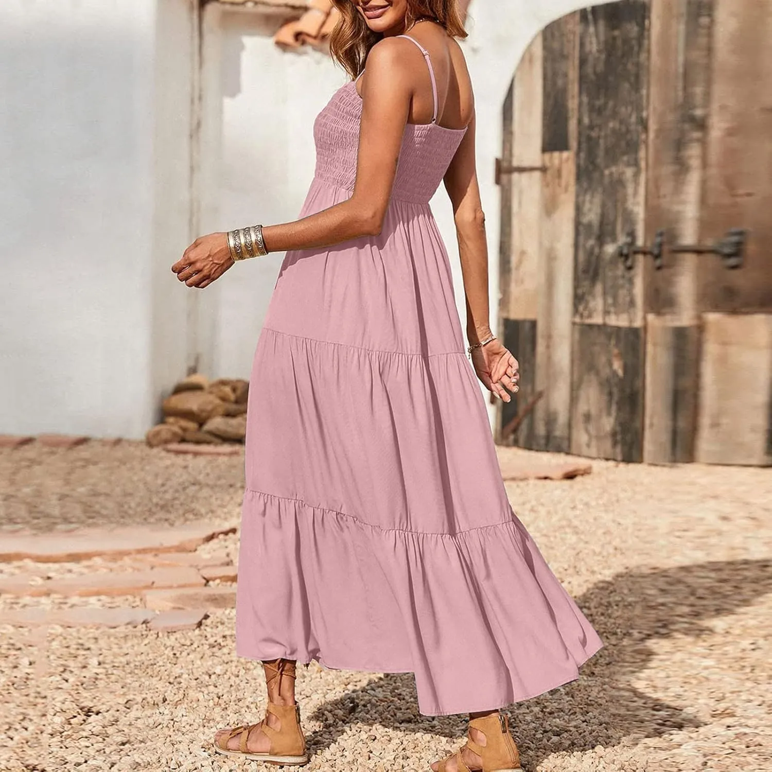 Women Summer Spaghetti Strap Maxi Dress Smocked Ruffle Swing Sundress Flowy Boho Beach Dresses Vacation Midi