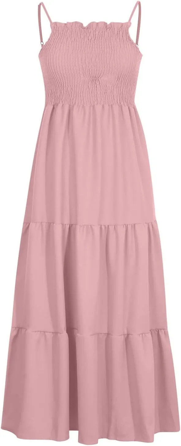 Women Summer Spaghetti Strap Maxi Dress Smocked Ruffle Swing Sundress Flowy Boho Beach Dresses Vacation Midi