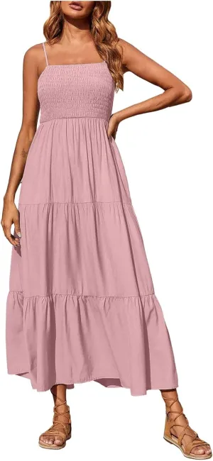 Women Summer Spaghetti Strap Maxi Dress Smocked Ruffle Swing Sundress Flowy Boho Beach Dresses Vacation Midi
