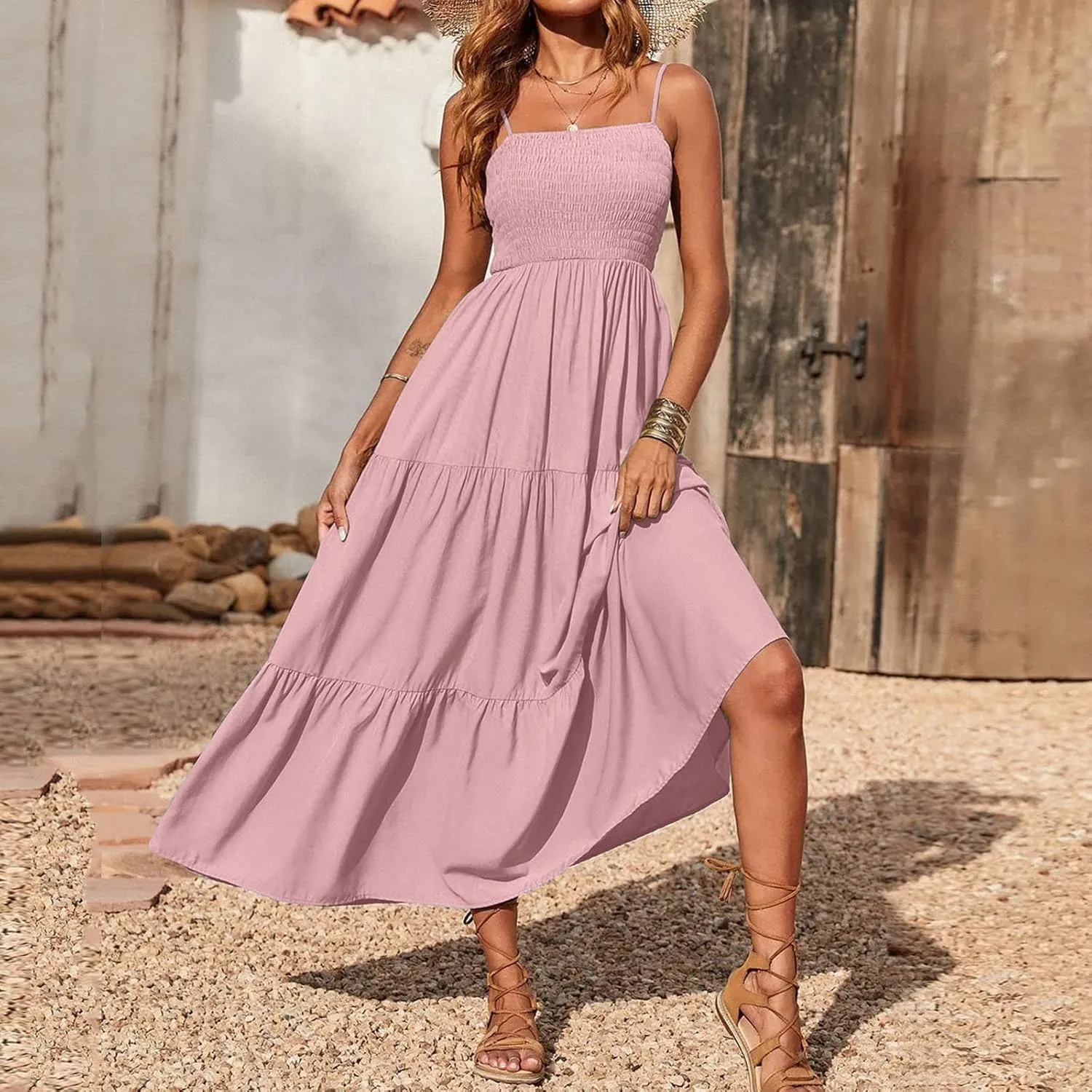 Women Summer Spaghetti Strap Maxi Dress Smocked Ruffle Swing Sundress Flowy Boho Beach Dresses Vacation Midi