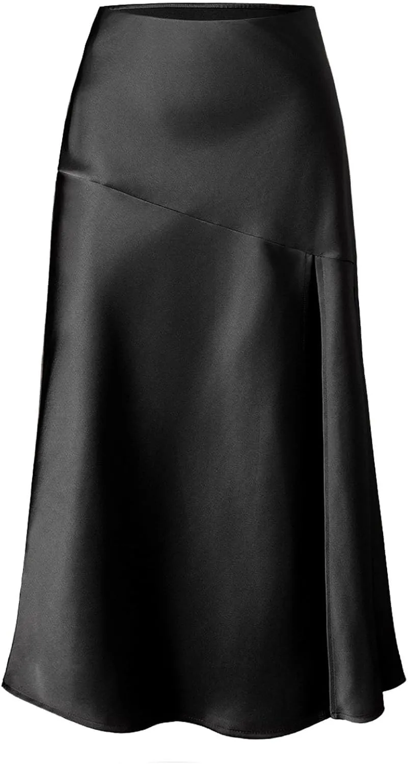 Women Summer Spring Long Satin Skirt Silk Elegant High Waist Cocktail Party Wedding Side Slit Flowy Aline Midi Skirts