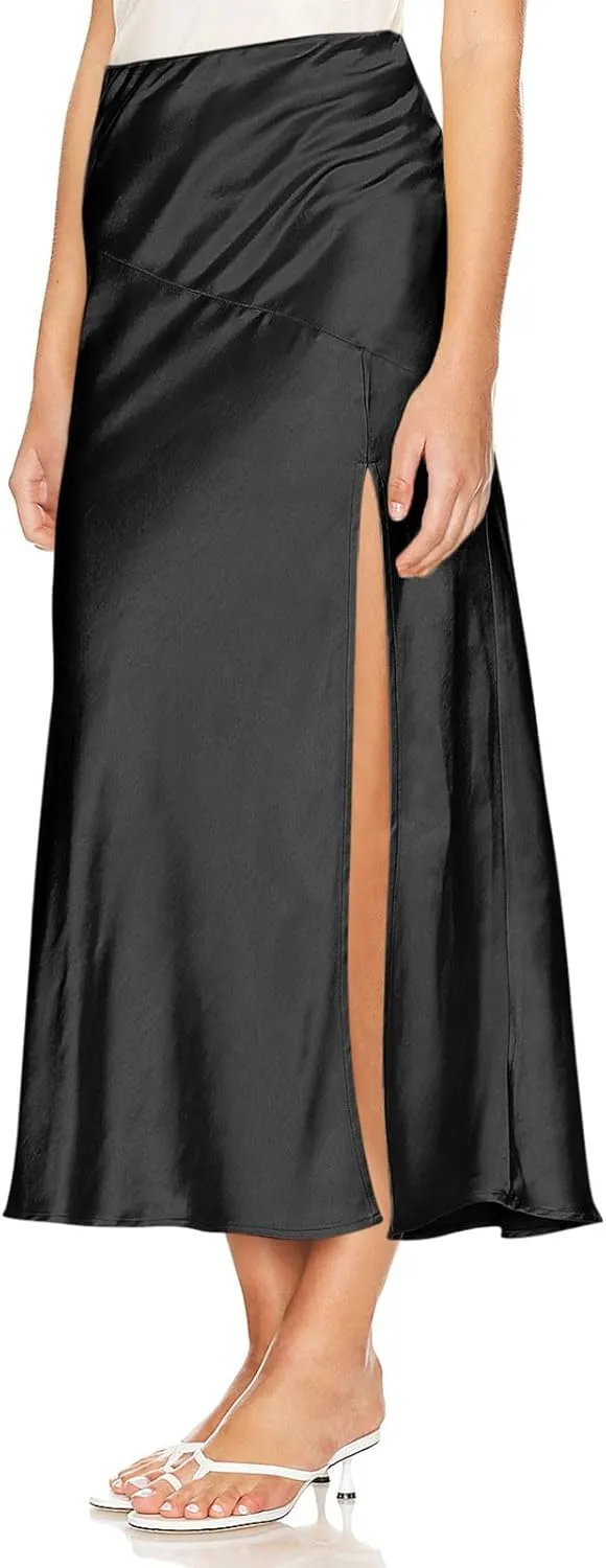 Women Summer Spring Long Satin Skirt Silk Elegant High Waist Cocktail Party Wedding Side Slit Flowy Aline Midi Skirts