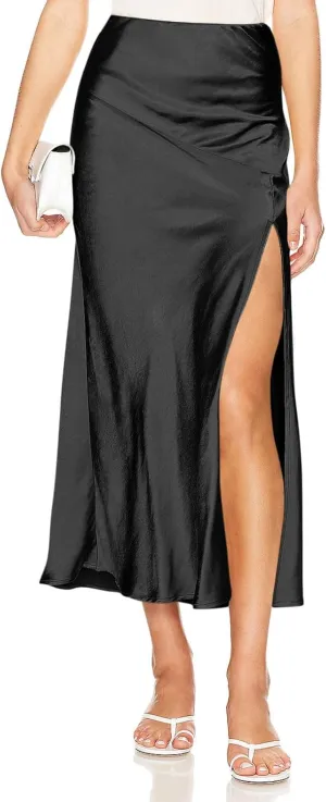 Women Summer Spring Long Satin Skirt Silk Elegant High Waist Cocktail Party Wedding Side Slit Flowy Aline Midi Skirts