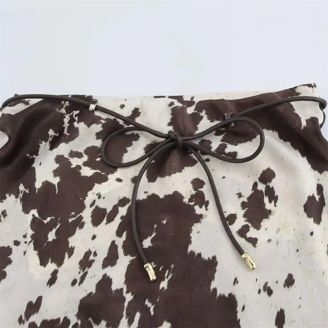 Women Turn-Down Collar Single-Breasted Printed Shirt High Waist Satin Texture Belt Midi Skirt Suit