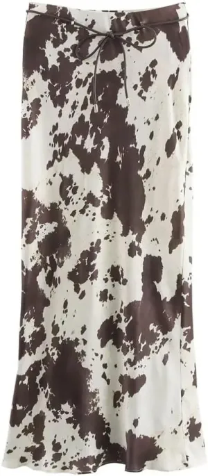 Women Turn-Down Collar Single-Breasted Printed Shirt High Waist Satin Texture Belt Midi Skirt Suit