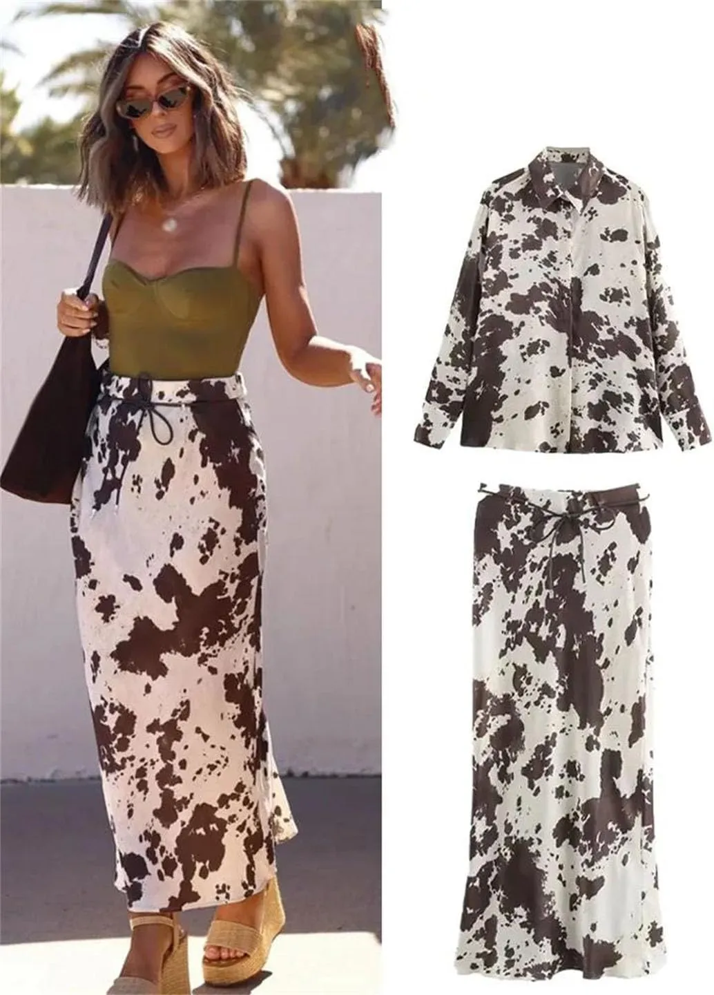 Women Turn-Down Collar Single-Breasted Printed Shirt High Waist Satin Texture Belt Midi Skirt Suit