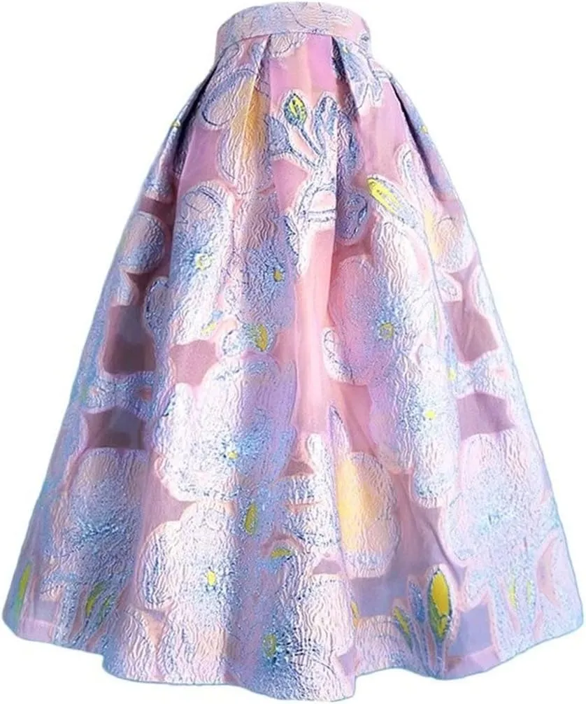 Women Vintage Elegant Aesthetic Pink Purple Floral Embroidery High Waist Long Puffy Pleated Midi Skirt