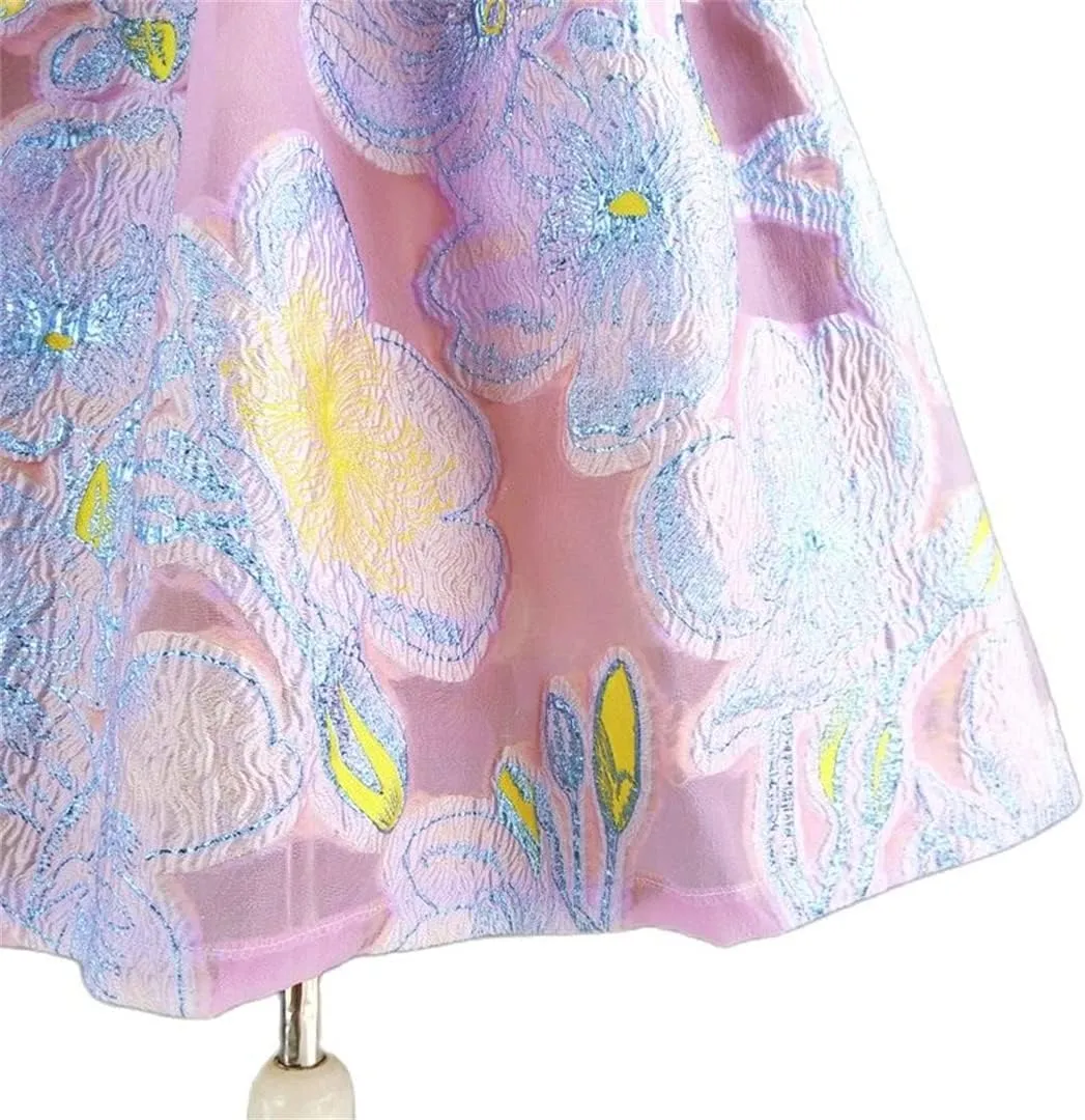 Women Vintage Elegant Aesthetic Pink Purple Floral Embroidery High Waist Long Puffy Pleated Midi Skirt