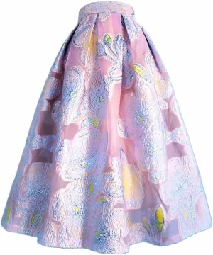 Women Vintage Elegant Aesthetic Pink Purple Floral Embroidery High Waist Long Puffy Pleated Midi Skirt