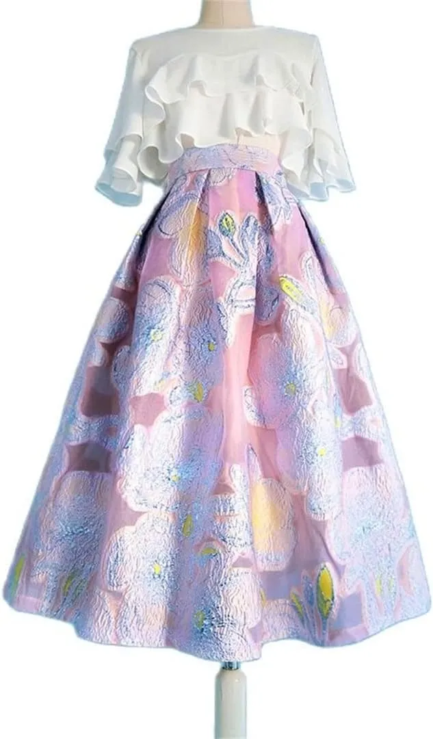 Women Vintage Elegant Aesthetic Pink Purple Floral Embroidery High Waist Long Puffy Pleated Midi Skirt