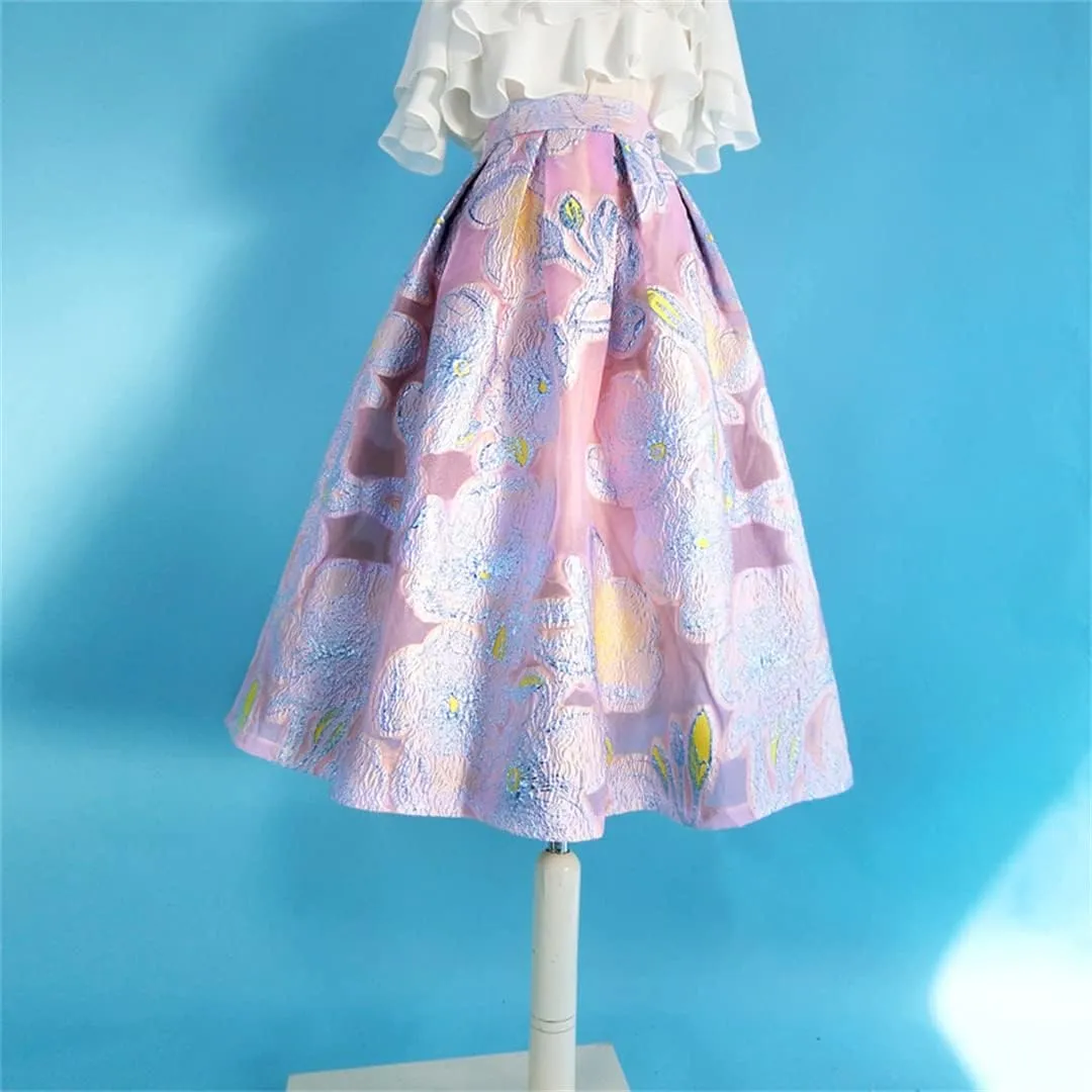 Women Vintage Elegant Aesthetic Pink Purple Floral Embroidery High Waist Long Puffy Pleated Midi Skirt