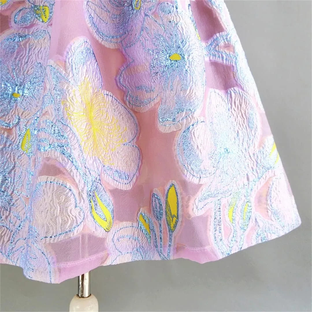 Women Vintage Elegant Aesthetic Pink Purple Floral Embroidery High Waist Long Puffy Pleated Midi Skirt