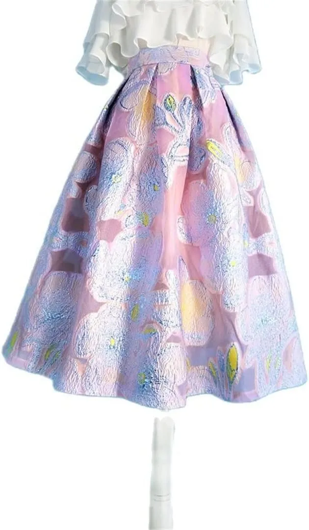 Women Vintage Elegant Aesthetic Pink Purple Floral Embroidery High Waist Long Puffy Pleated Midi Skirt