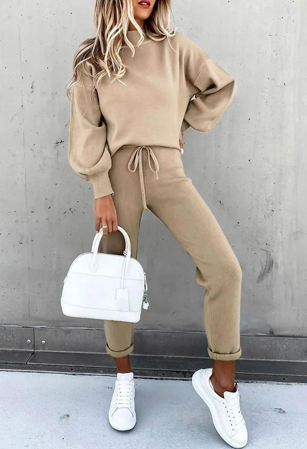 Women's 2 Piece Outfits Mock Neck Long Sleeve Pullover Sweatshirt Jogger Pants Sweatsuit
