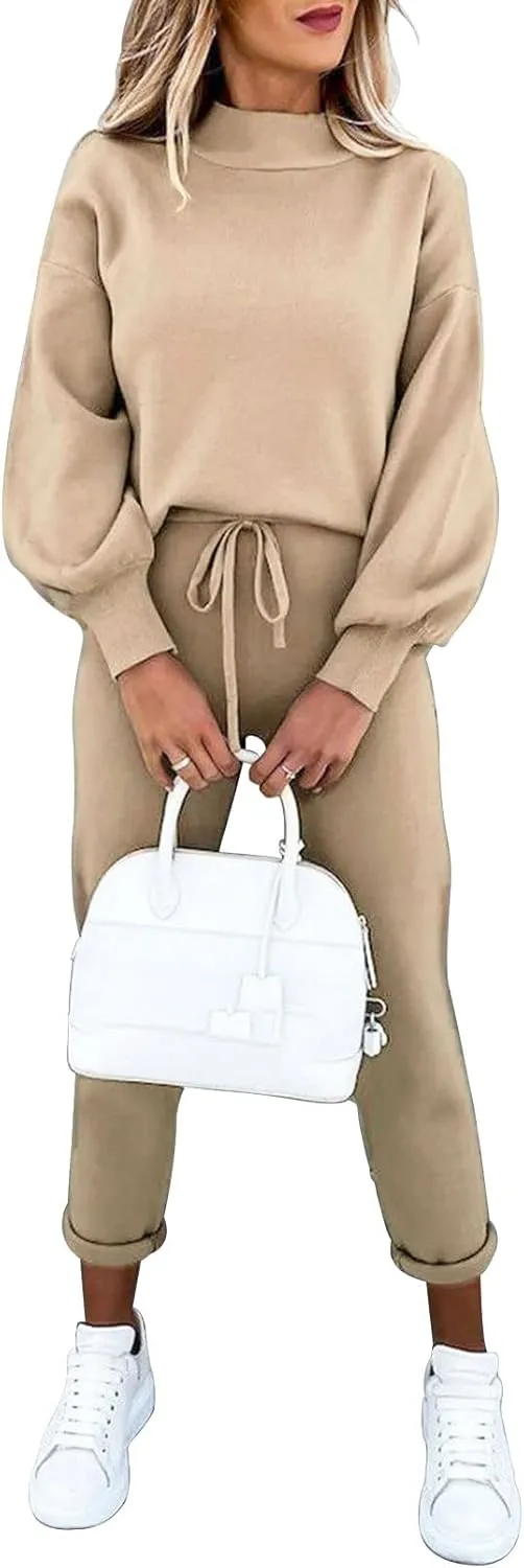 Women's 2 Piece Outfits Mock Neck Long Sleeve Pullover Sweatshirt Jogger Pants Sweatsuit