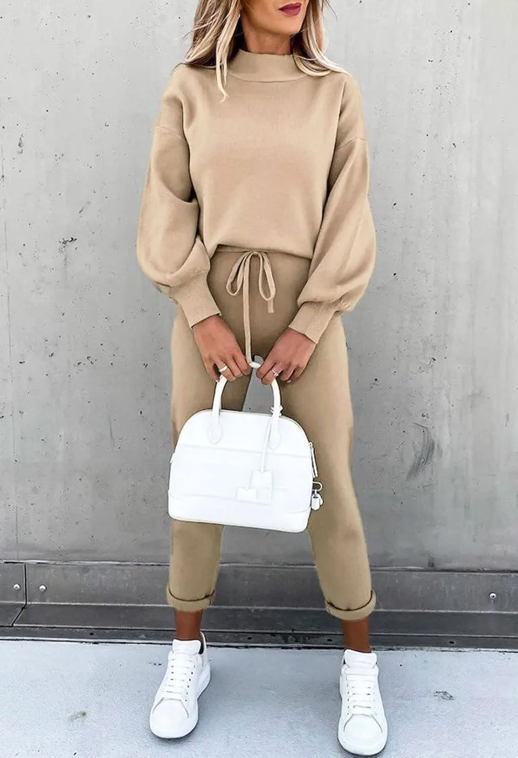 Women's 2 Piece Outfits Mock Neck Long Sleeve Pullover Sweatshirt Jogger Pants Sweatsuit