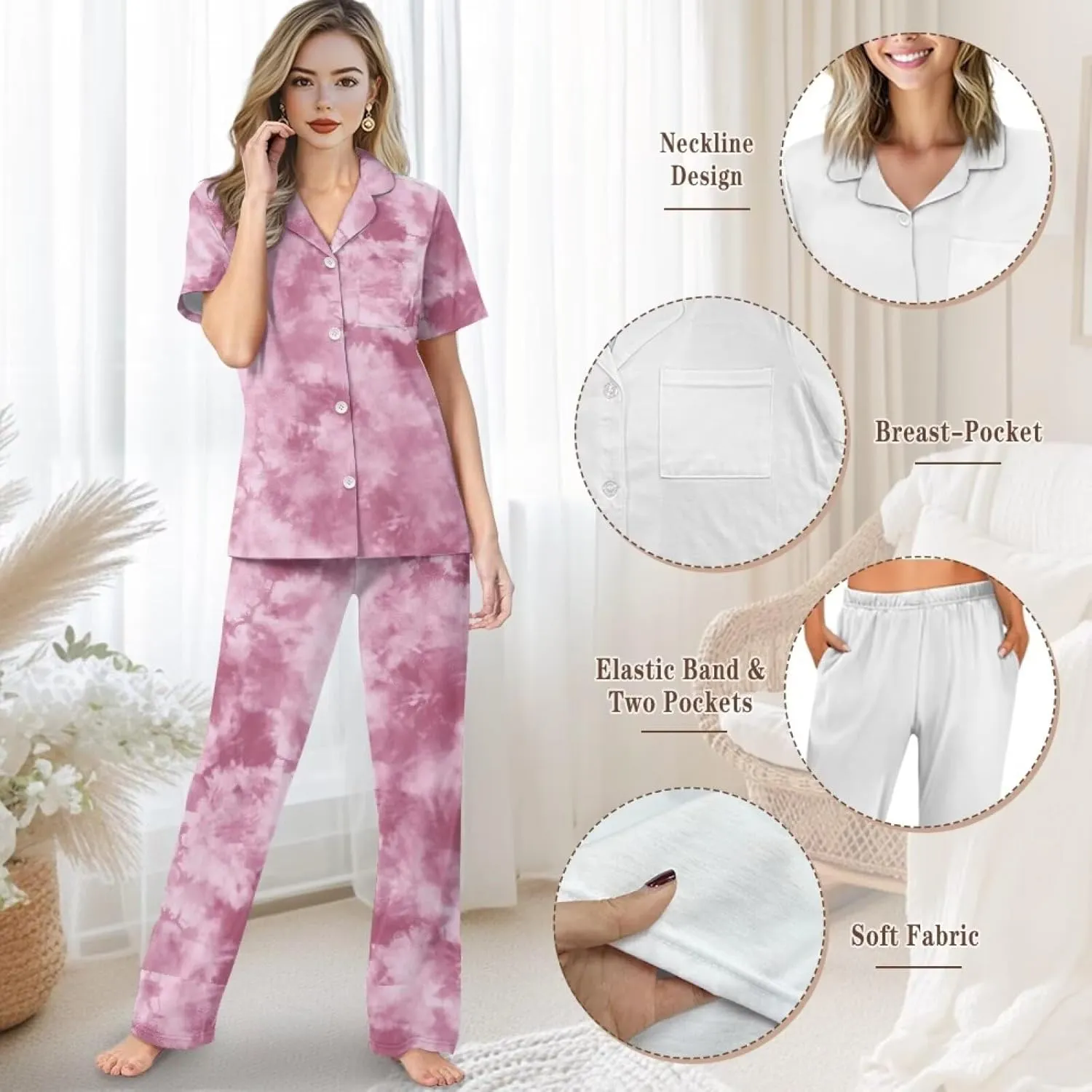 Women's 2 Piece Pajamas Sets, Casual Short-Sleeve Pjs Set with Pockets for Beach S-2XL Size