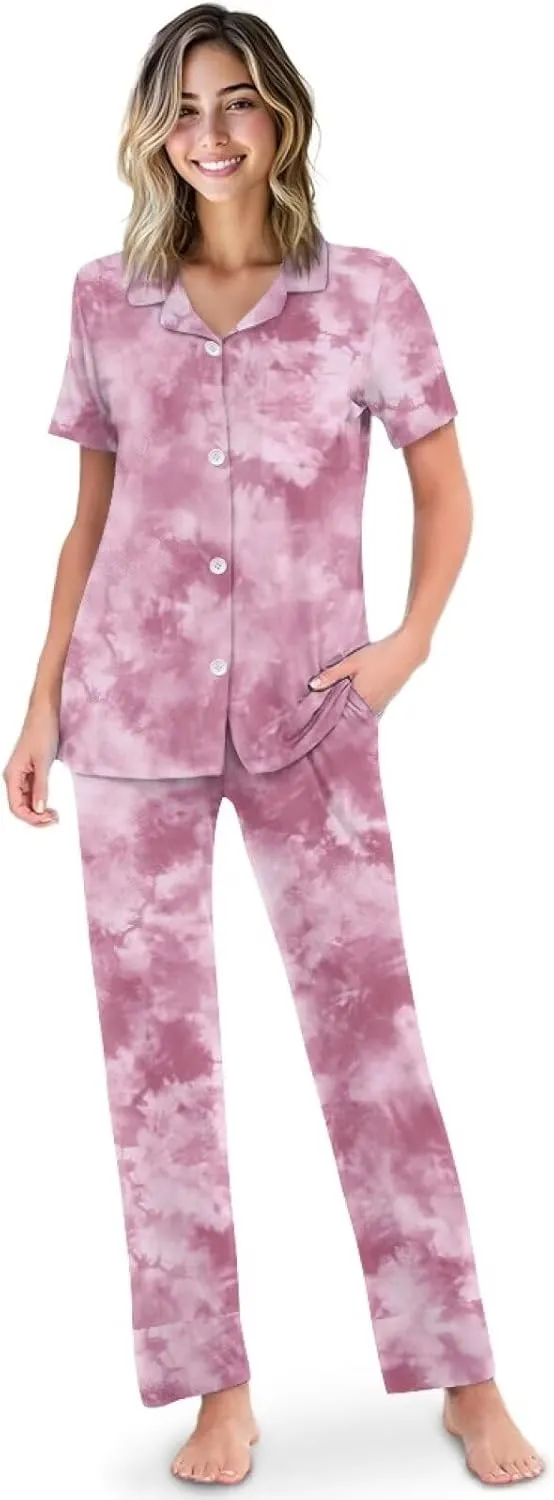 Women's 2 Piece Pajamas Sets, Casual Short-Sleeve Pjs Set with Pockets for Beach S-2XL Size
