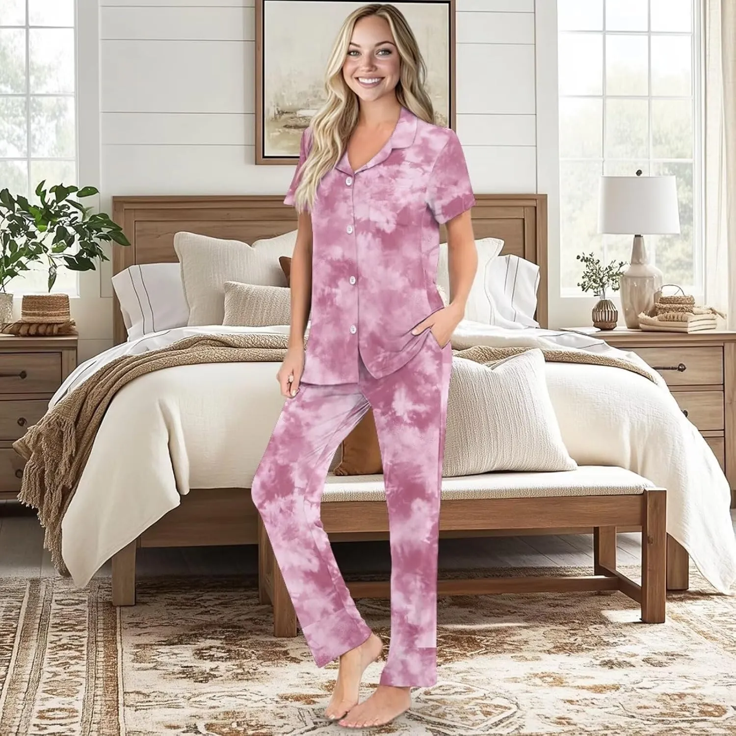 Women's 2 Piece Pajamas Sets, Casual Short-Sleeve Pjs Set with Pockets for Beach S-2XL Size