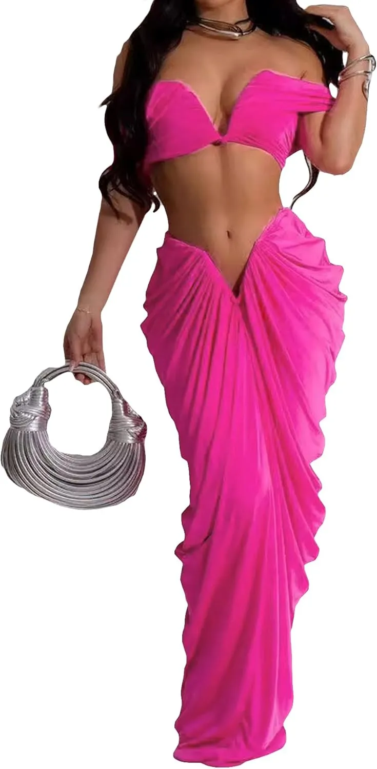 Women's 2 Piece Skirts Sets Strapless Sexy V Neck Tube Tops Ruched Pleated Maxi Skirt Cocktail Outfits Clubwear