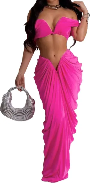 Women's 2 Piece Skirts Sets Strapless Sexy V Neck Tube Tops Ruched Pleated Maxi Skirt Cocktail Outfits Clubwear