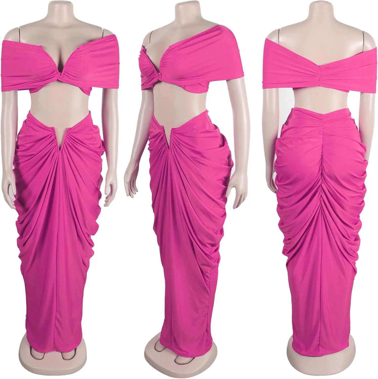 Women's 2 Piece Skirts Sets Strapless Sexy V Neck Tube Tops Ruched Pleated Maxi Skirt Cocktail Outfits Clubwear