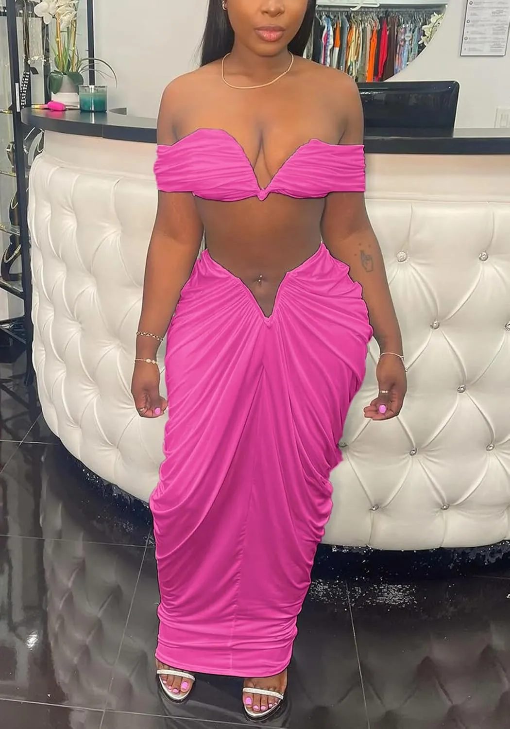 Women's 2 Piece Skirts Sets Strapless Sexy V Neck Tube Tops Ruched Pleated Maxi Skirt Cocktail Outfits Clubwear