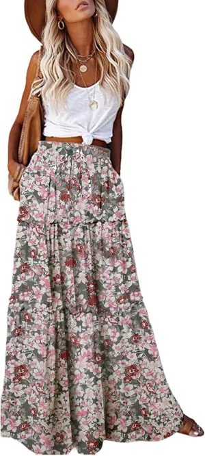 Women's 2024 Summer Skirt High Waist Flowy A Line Boho Skirt Maxi Skirt with Pockets