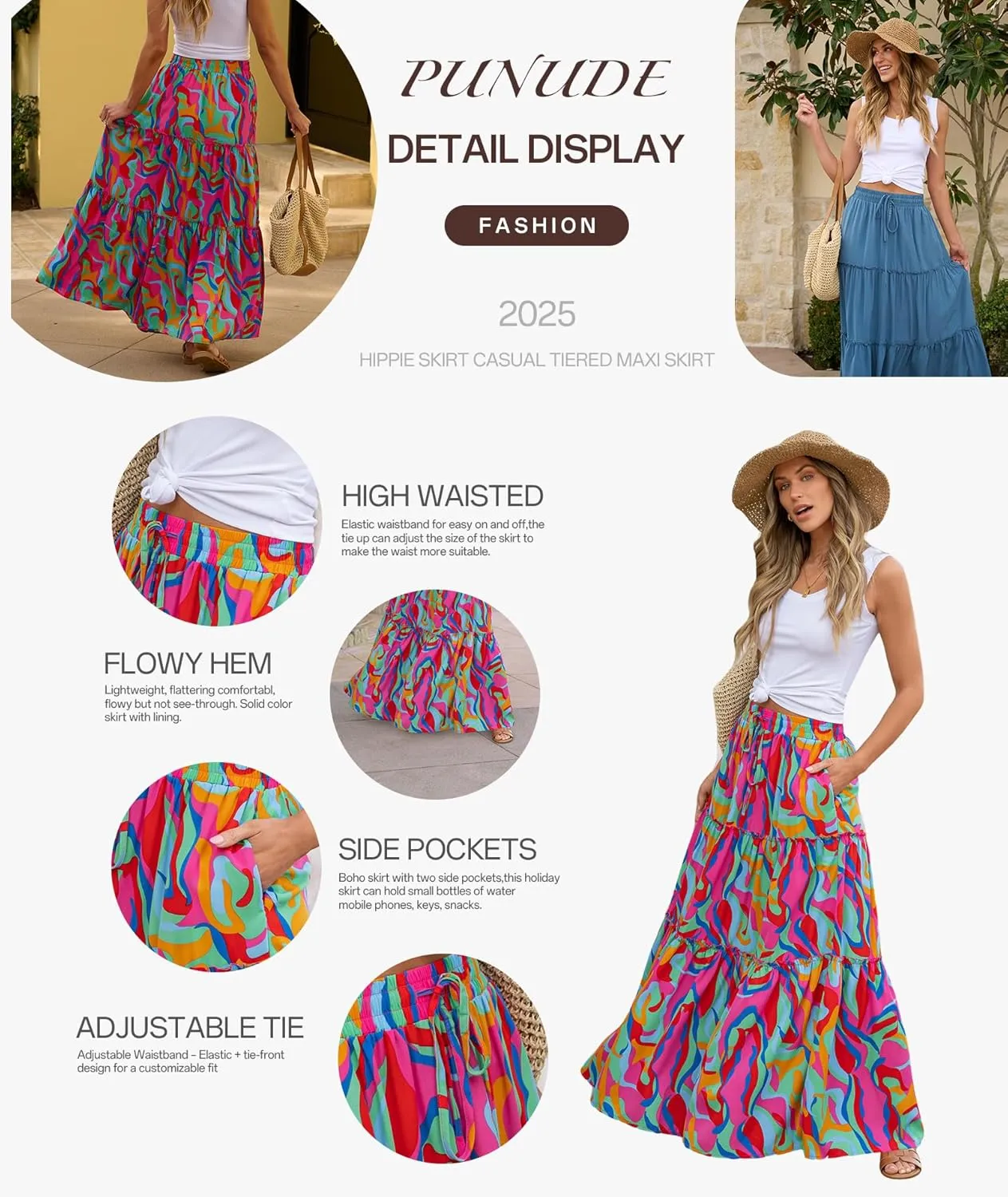 Women's 2024 Summer Skirt High Waist Flowy A Line Boho Skirt Maxi Skirt with Pockets