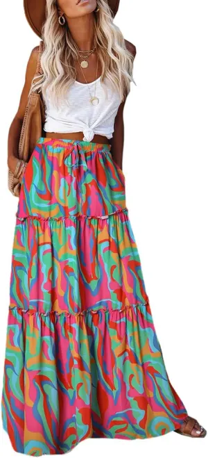 Women's 2024 Summer Skirt High Waist Flowy A Line Boho Skirt Maxi Skirt with Pockets