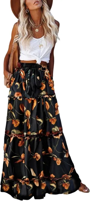 Women's 2024 Summer Skirt High Waist Flowy A Line Boho Skirt Maxi Skirt with Pockets