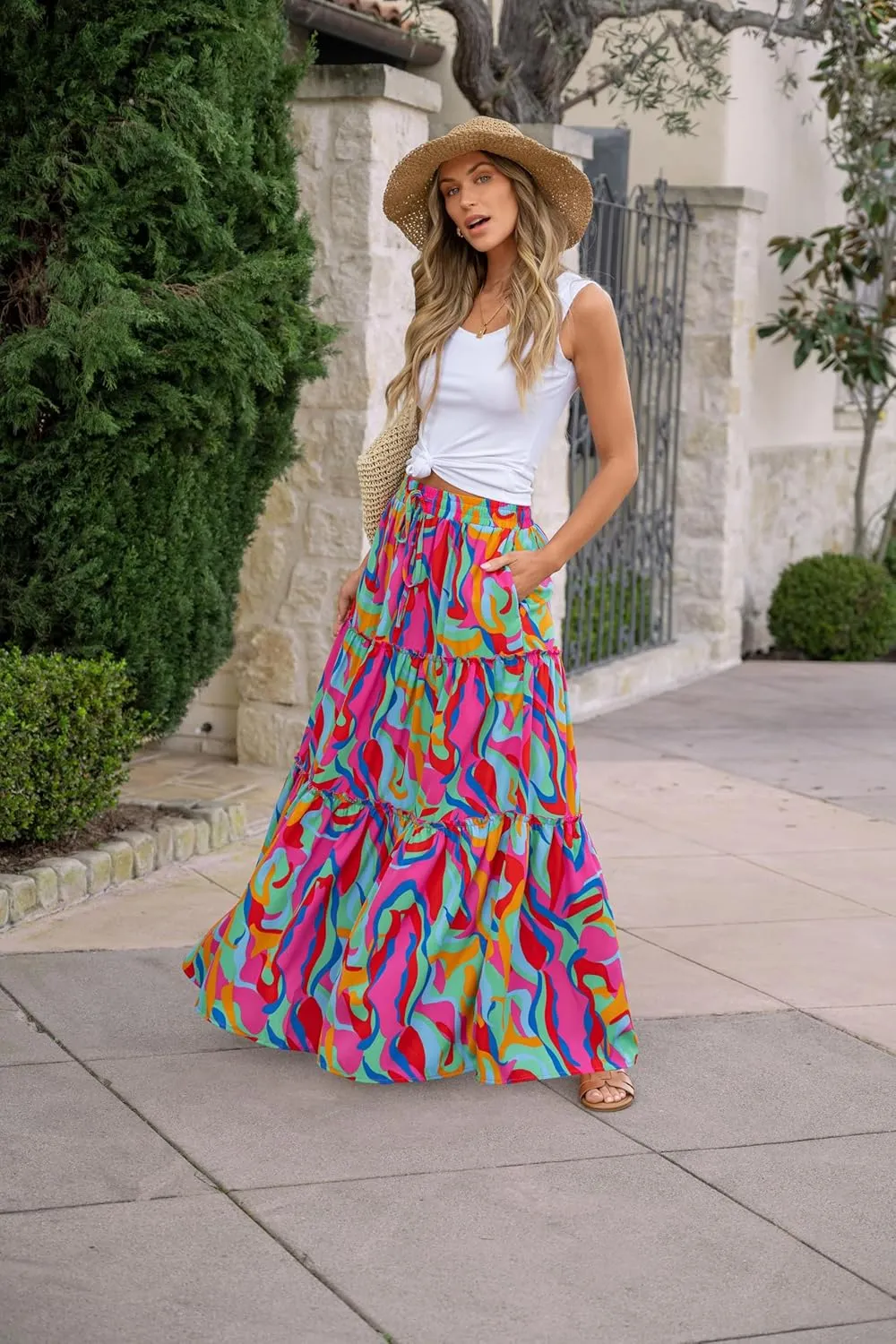 Women's 2024 Summer Skirt High Waist Flowy A Line Boho Skirt Maxi Skirt with Pockets