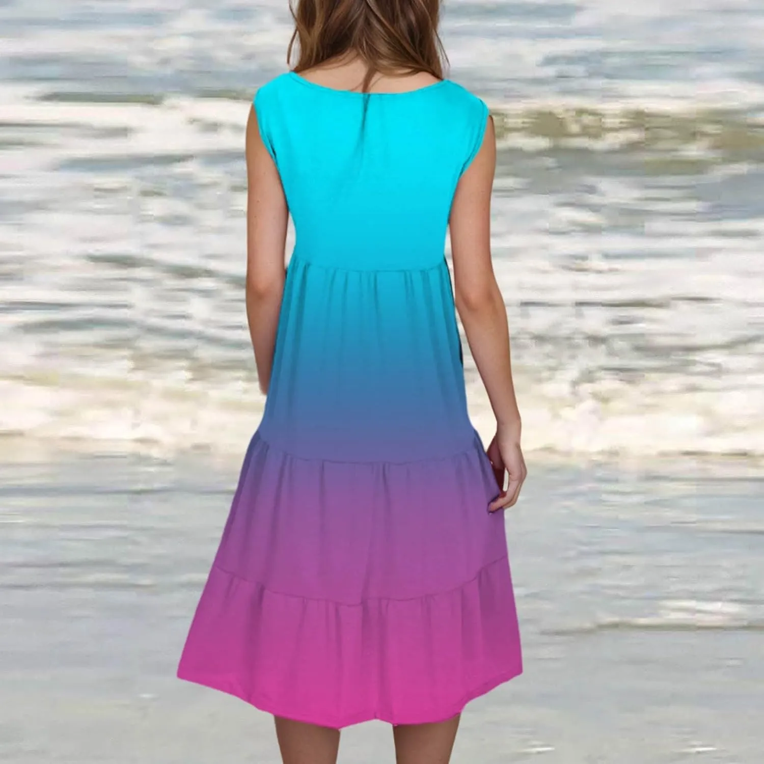 Womens 2025 Summer Casual Boho Dresses Sleeveless Color Block Ruffle Tiered Sundresses Cute Crew Neck Mini Dress