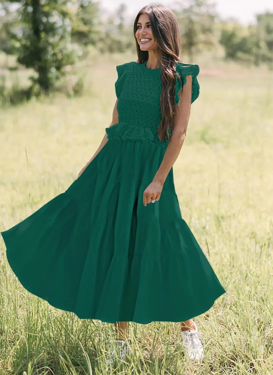Womens 2025 Summer Causal Ruffle Sleeve Crochet Knit Tops Long Dress for Ladies Fall Trendy Tiered Dress