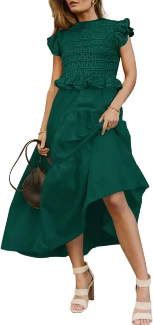 Womens 2025 Summer Causal Ruffle Sleeve Crochet Knit Tops Long Dress for Ladies Fall Trendy Tiered Dress