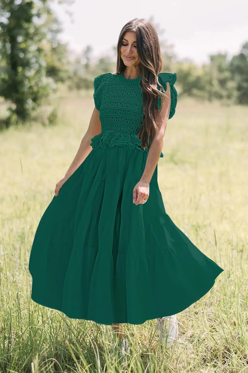 Womens 2025 Summer Causal Ruffle Sleeve Crochet Knit Tops Long Dress for Ladies Fall Trendy Tiered Dress