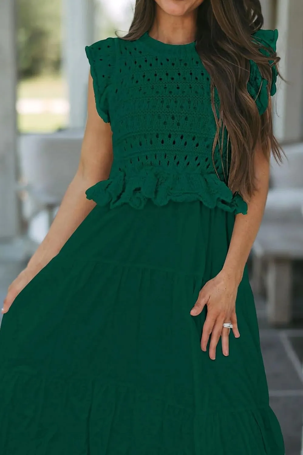 Womens 2025 Summer Causal Ruffle Sleeve Crochet Knit Tops Long Dress for Ladies Fall Trendy Tiered Dress