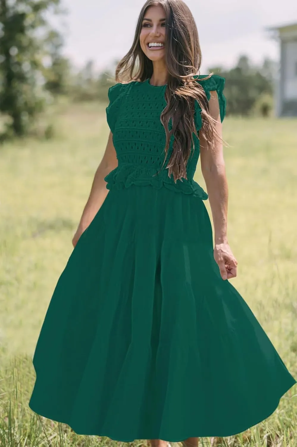Womens 2025 Summer Causal Ruffle Sleeve Crochet Knit Tops Long Dress for Ladies Fall Trendy Tiered Dress