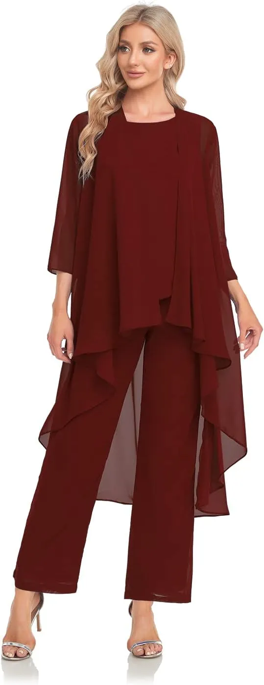 Women's 3 Pieces Chiffon Mother of The Bride Dress with Jacket Chiffon Formal Evening Dresses
