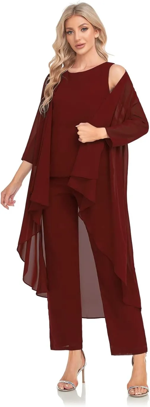 Women's 3 Pieces Chiffon Mother of The Bride Dress with Jacket Chiffon Formal Evening Dresses