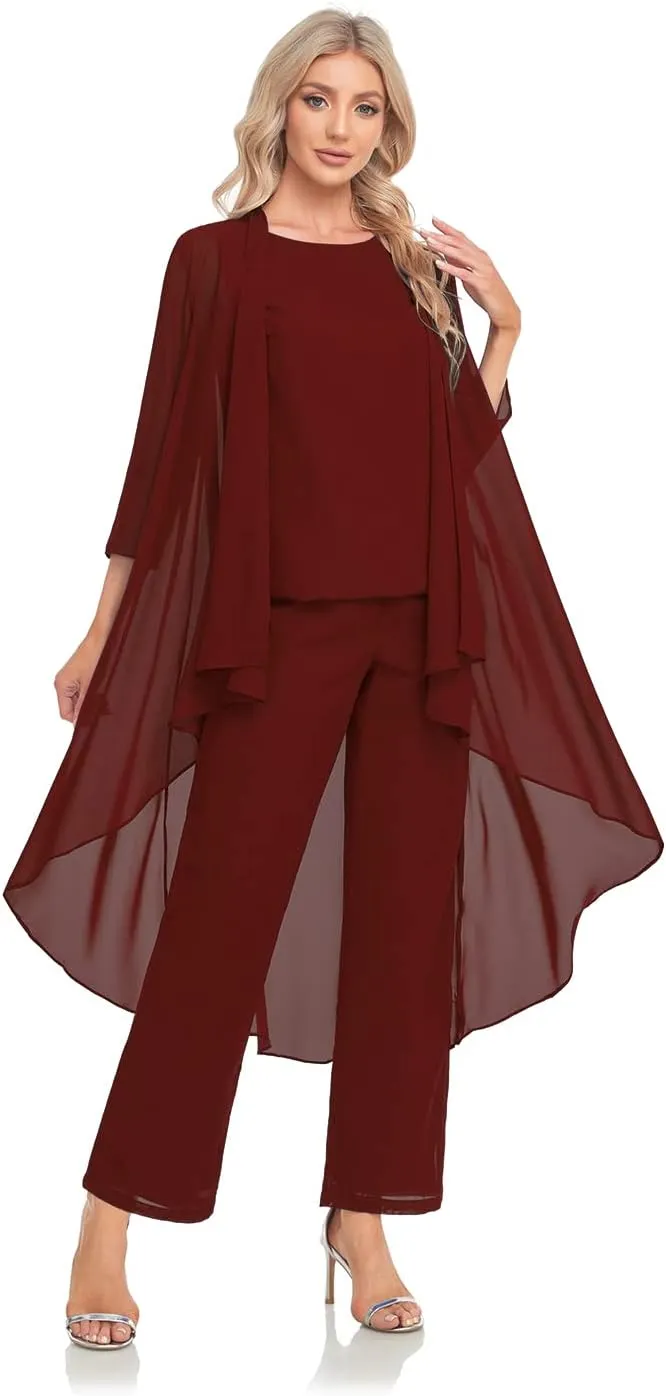 Women's 3 Pieces Chiffon Mother of The Bride Dress with Jacket Chiffon Formal Evening Dresses