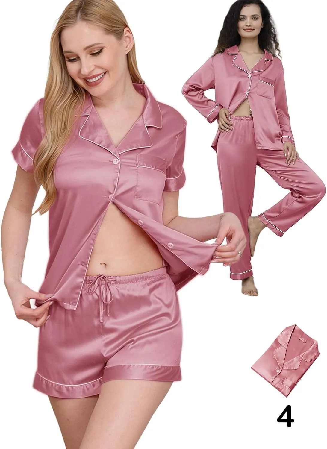 Womens 5Pcs Silk Pajamas Set XS-2XL Satin Pajama Sets Silky Sleepwear Pjs Loungewear Button Down Pj Nightwear