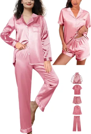 Womens 5Pcs Silk Pajamas Set XS-2XL Satin Pajama Sets Silky Sleepwear Pjs Loungewear Button Down Pj Nightwear