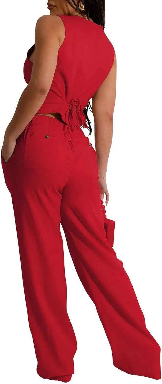 Womens Blazer Sets 2 Piece Outfits Linen Set V Neck Button Suit Vest Tops Wide Leg Pants with Pockets