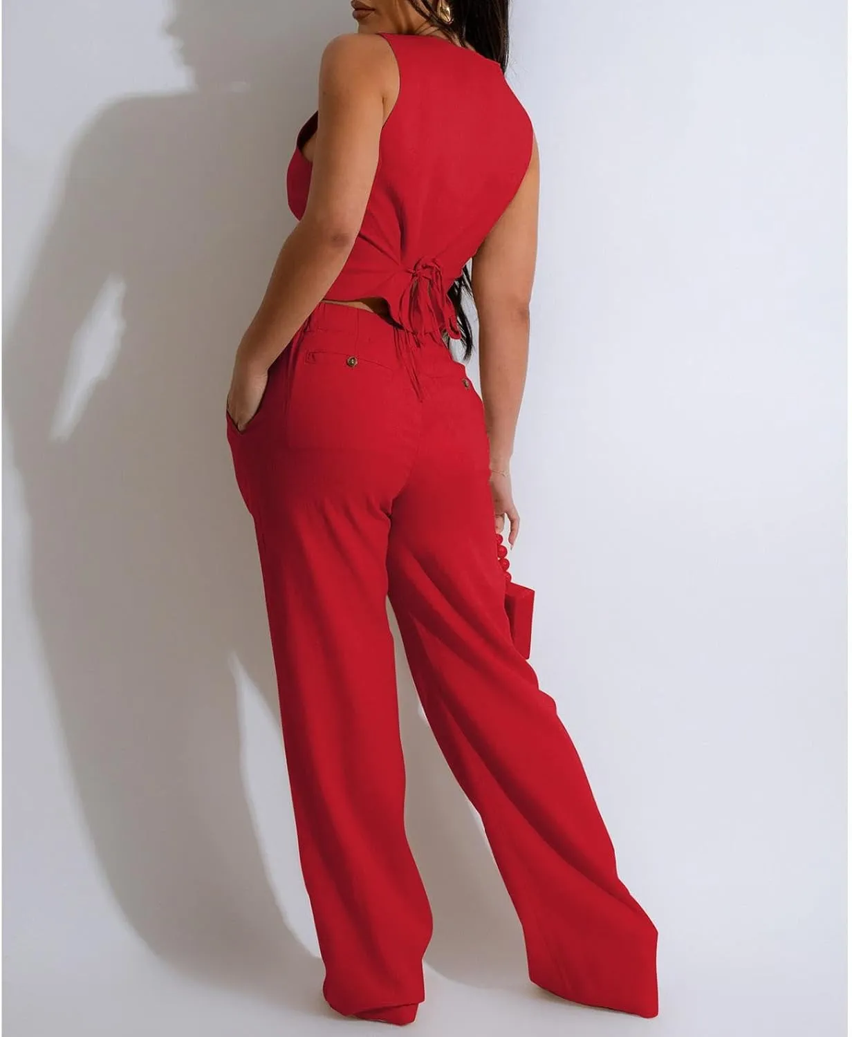 Womens Blazer Sets 2 Piece Outfits Linen Set V Neck Button Suit Vest Tops Wide Leg Pants with Pockets