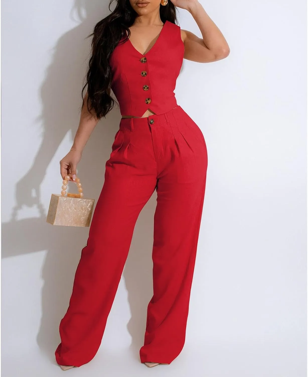 Womens Blazer Sets 2 Piece Outfits Linen Set V Neck Button Suit Vest Tops Wide Leg Pants with Pockets