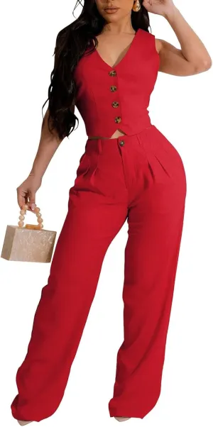 Womens Blazer Sets 2 Piece Outfits Linen Set V Neck Button Suit Vest Tops Wide Leg Pants with Pockets