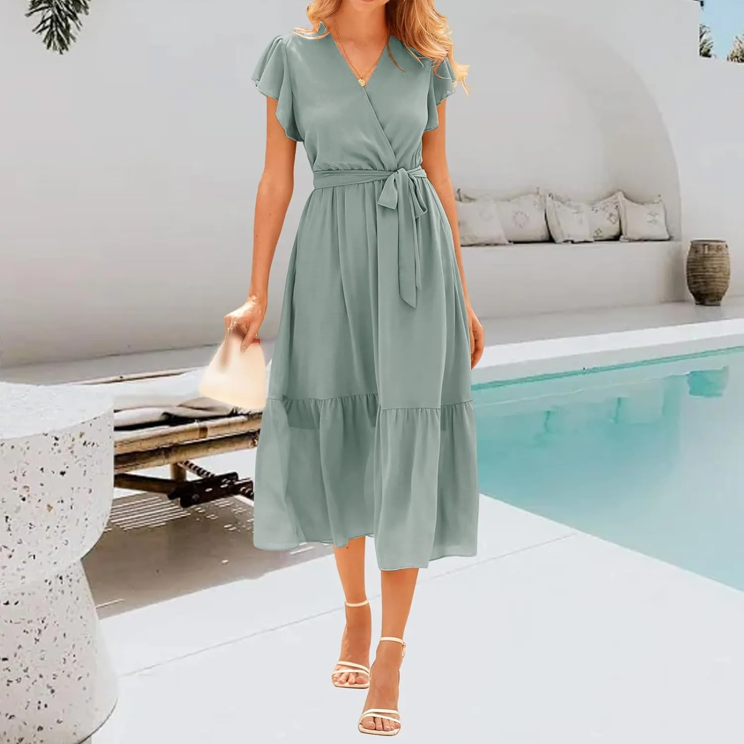 Womens Boho Dresses Summer Lightweight V Neck Ruffle Short Midi Dress Flowy Lace Up Tunic Floral Ruffle Hem Dresses