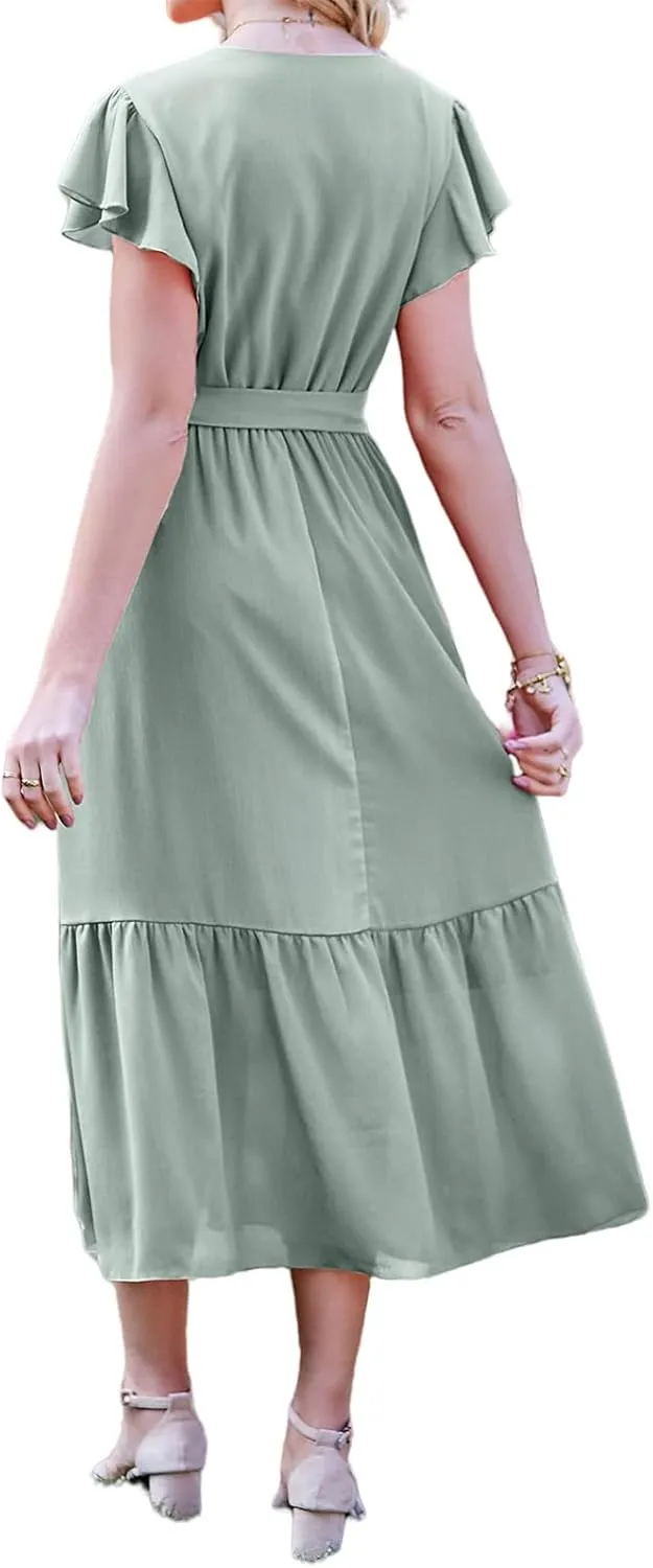 Womens Boho Dresses Summer Lightweight V Neck Ruffle Short Midi Dress Flowy Lace Up Tunic Floral Ruffle Hem Dresses